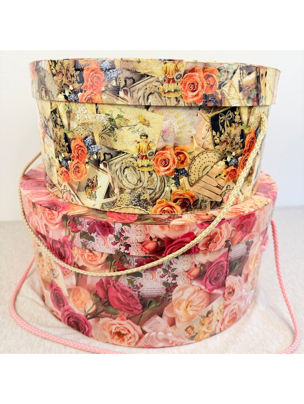 Vintage 1996 Tri-Coastal Floral Hat Boxes Set of 2 Roses Cherubs